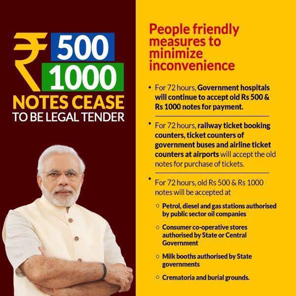 Rs. 500 and Rs. 1000 notes cease to be legal tender from midnight of 8 November 2016